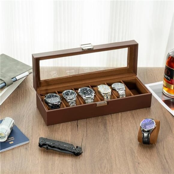 Mens Watch Box 6 Slot PU Leather Watch Organizer Display Glass Lid Brown - Picture 5 of 7